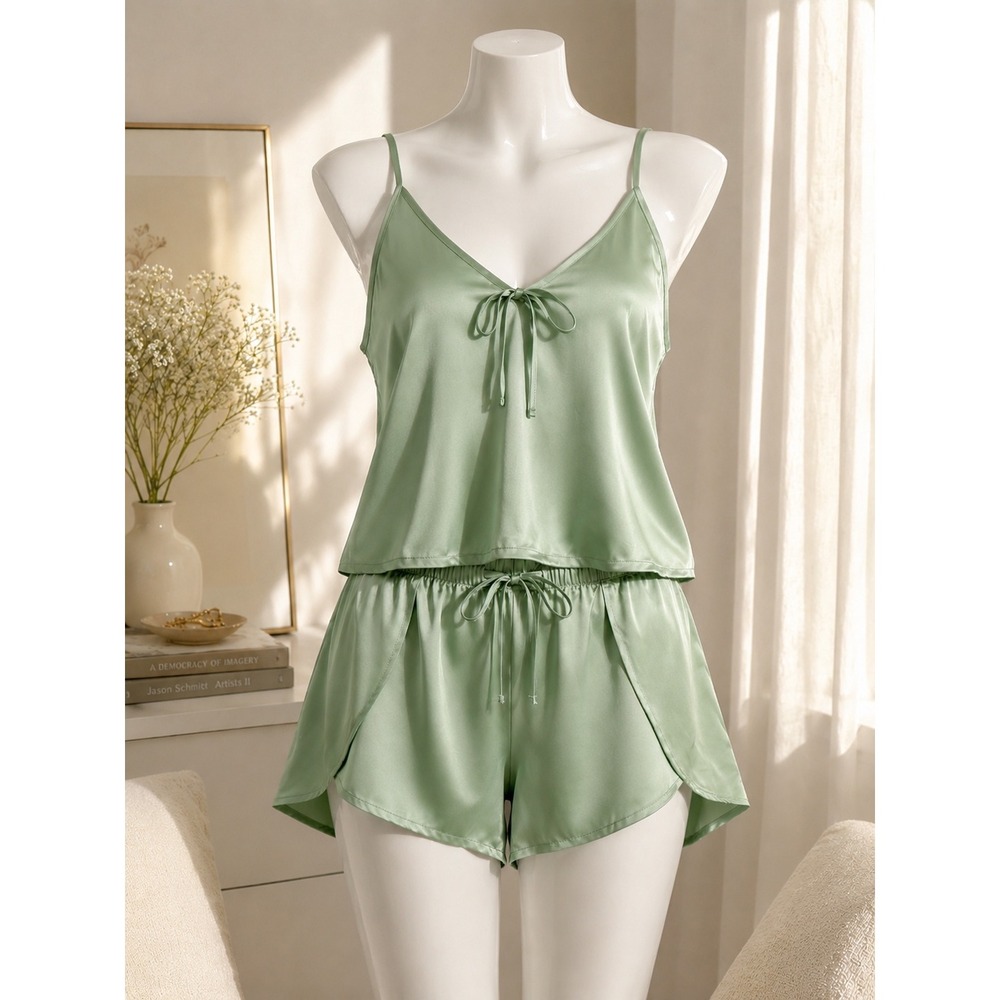 Colsie Green Satin Pajama Set Camisole Tulip Shorts Sleepwear Loungewear Sz M